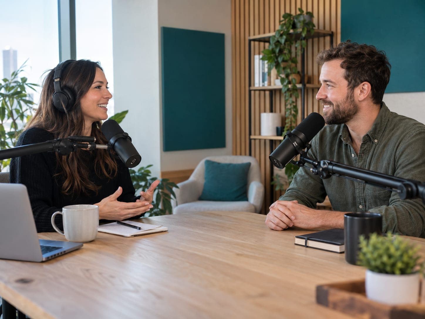 A host and a guest facing each other across a studio table, each speaking into a broadcast microphone.